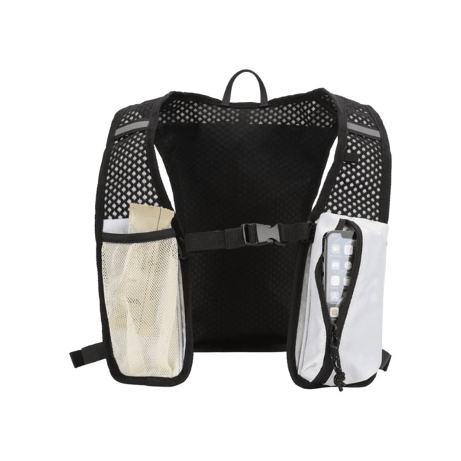 A black and white recycled running vest featuring mesh pockets and a storage compartment for a phone.