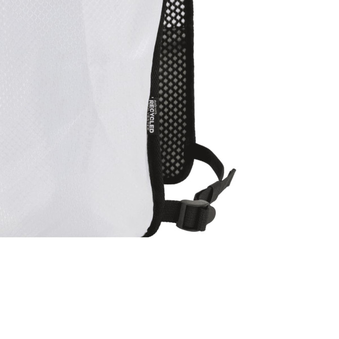 A recycled running vest hydration pack in white and black, featuring mesh material and adjustable straps.