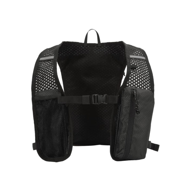 A black recycled running vest hydration pack with mesh design and multiple pockets. It features adjustable straps and a logo.