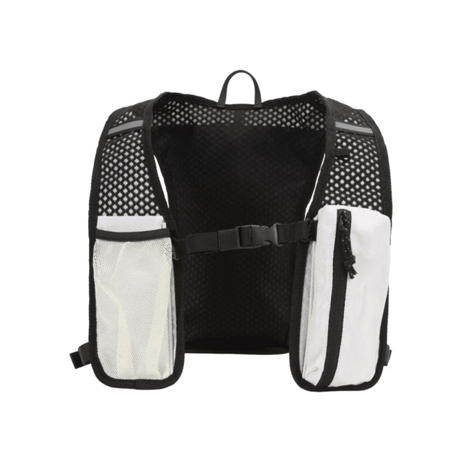 A lightweight, black and white hydration pack with mesh panels and pockets for storage.