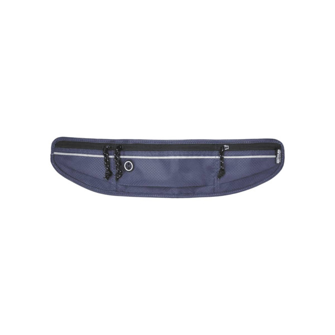 A navy waist pack featuring zippered compartments and a logo. Ideal for carrying essentials during activities.
