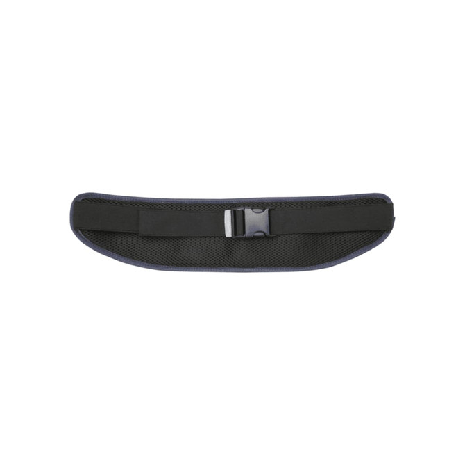 A grey running waist pack with a black strap and a buckle, featuring a mesh design. It has a logo on it.
