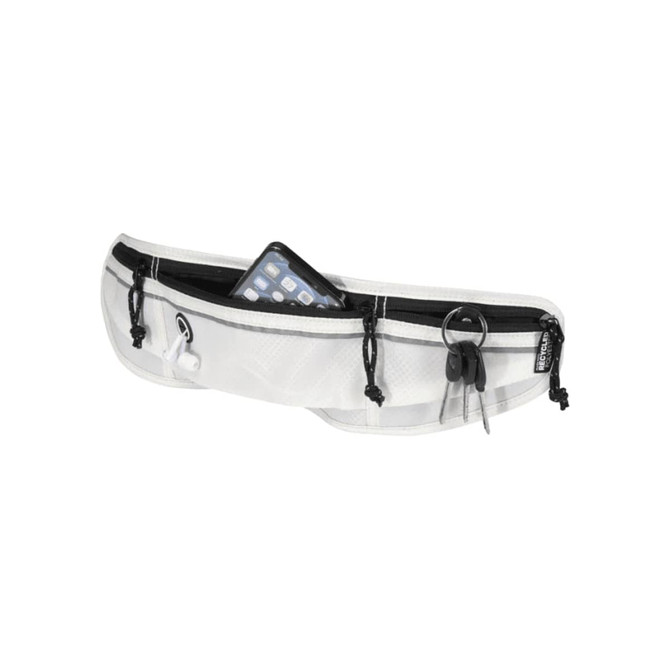 A white running waist pack featuring zippered compartments for holding a phone, keys, and other essentials.
