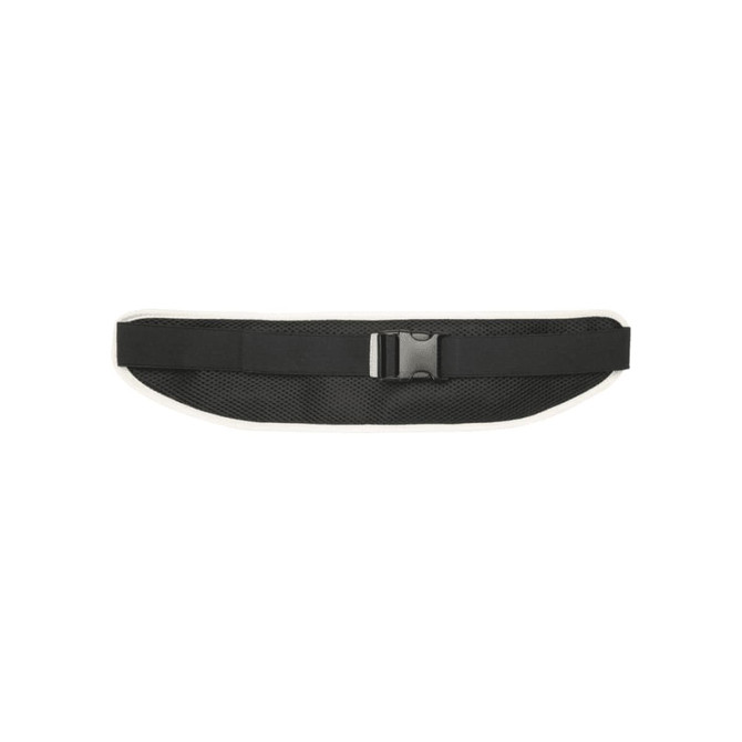 A black recycled running waist pack with a mesh design and a plastic buckle for fastening. It features a logo.