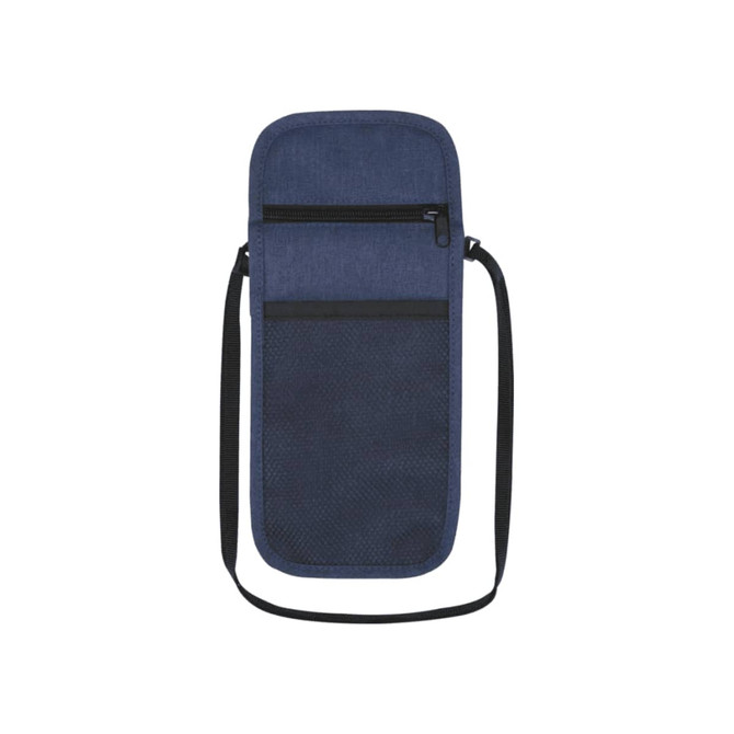A navy blue travel pouch with a zippered compartment and adjustable strap, featuring a textured bottom panel.