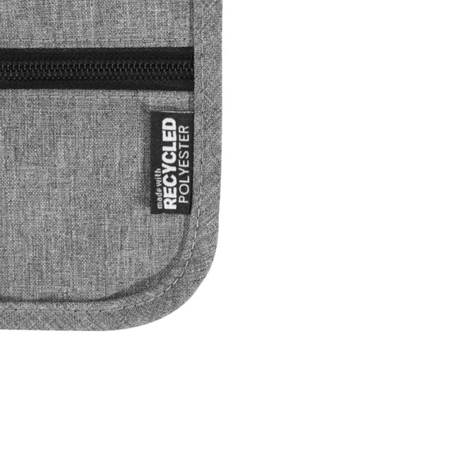 A grey travel pouch with a zippered closure and a tag indicating it is made with recycled polyester.