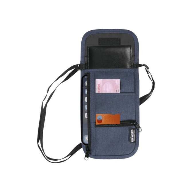 A navy blue travel pouch with multiple compartments, holding a phone, cards, and a passport. Features a logo.
