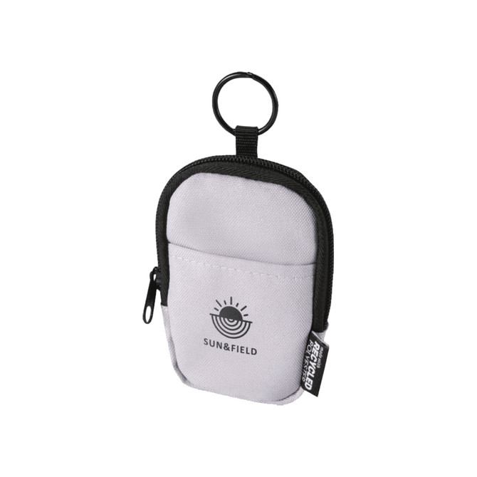 A small pouch in grey with a black zipper and a keyring attachment. Features a logo on the front.