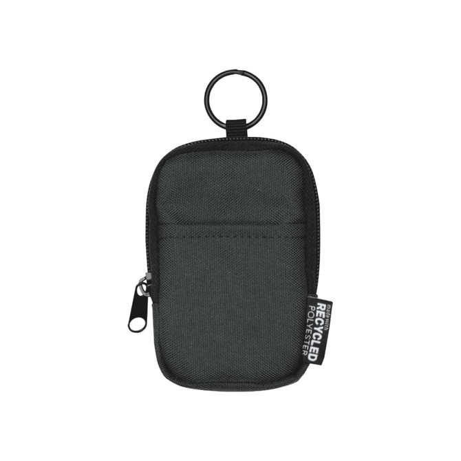 A small black pouch made from recycled polyester, featuring a zip closure and a loop for attachment.