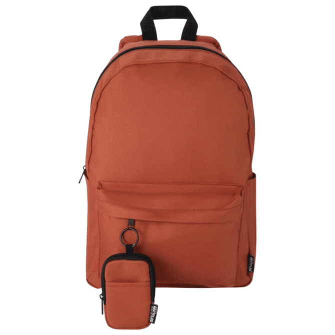 An orange backpack accompanies a small matching pouch, both featuring a logo. The backpack has multiple compartments.