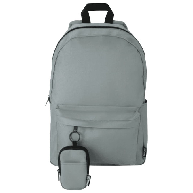 A grey backpack with a small pouch attached, featuring a logo. The backpack has multiple compartments for storage.