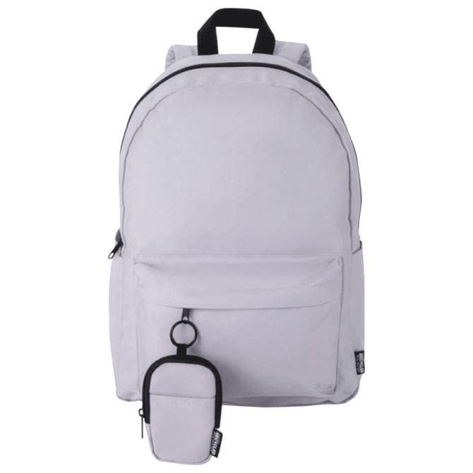 A light grey backpack with a small pouch attached to the front. The bag features two shoulder straps and a zippered pocket.