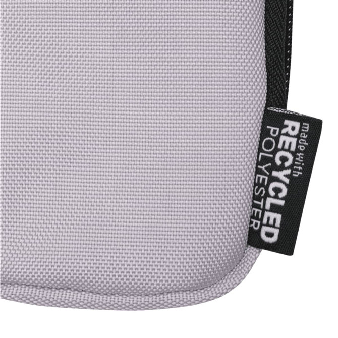A small pouch in light grey made from recycled polyester, featuring a zip closure and branding.