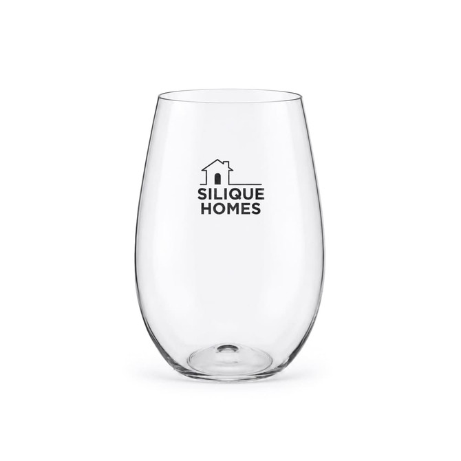 A drink bottle in a clear glass design with a rounded shape, featuring a logo.