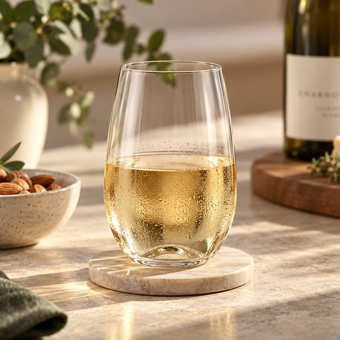 A drink bottle featuring a clear, curved glass containing white wine, placed on a marble coaster.
