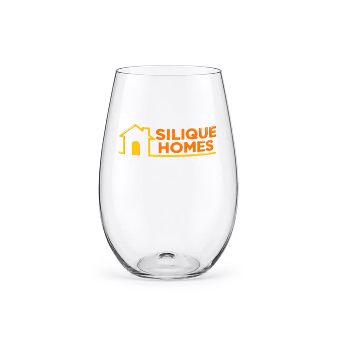 A drink bottle with a clear, curved design featuring a logo in bright orange.