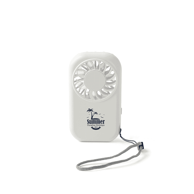 A white mini pocket fan with a palm tree logo and a wrist strap.