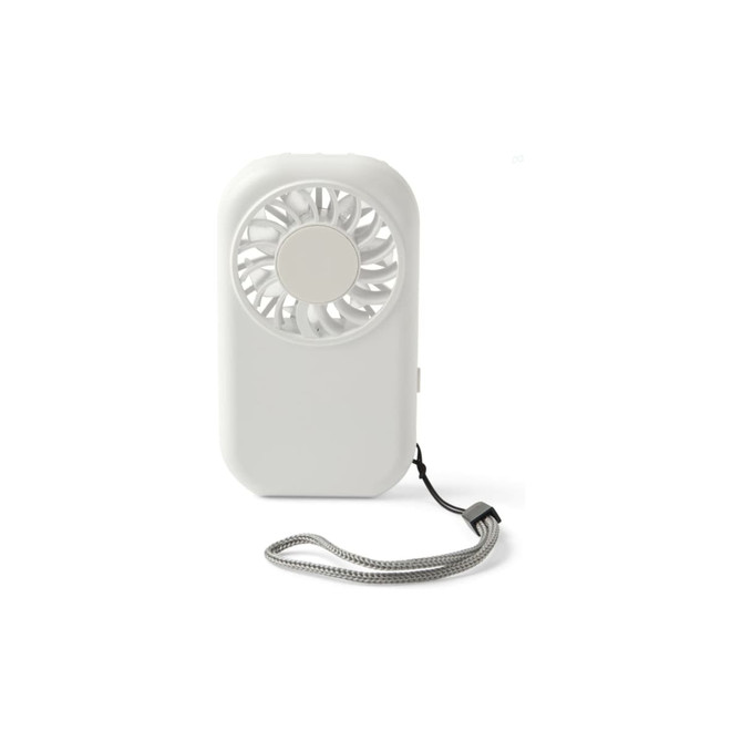 A mini pocket fan in white with a circular fan blade and a wrist strap. Includes a logo on the product.