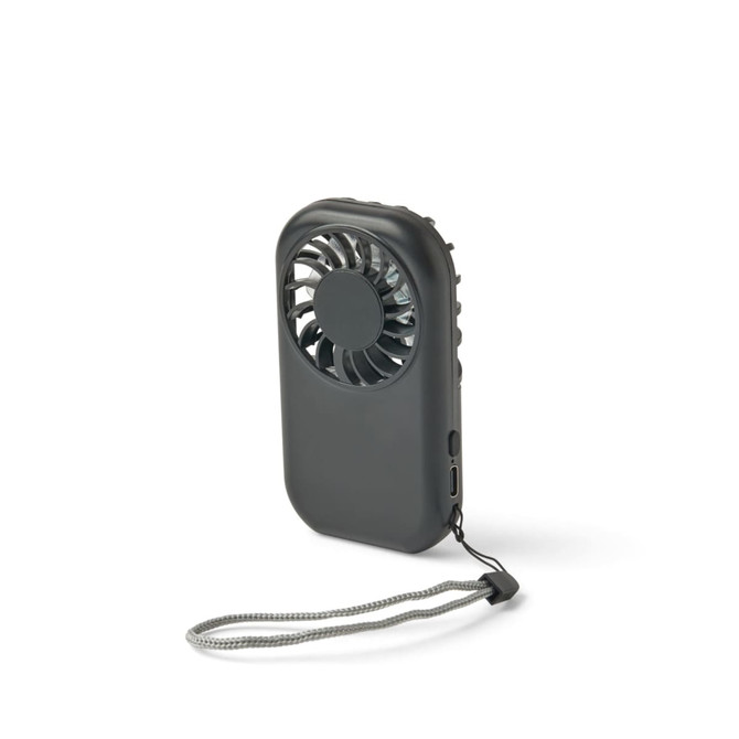 A mini pocket fan in black with a textured design and a detachable strap for easy carrying.