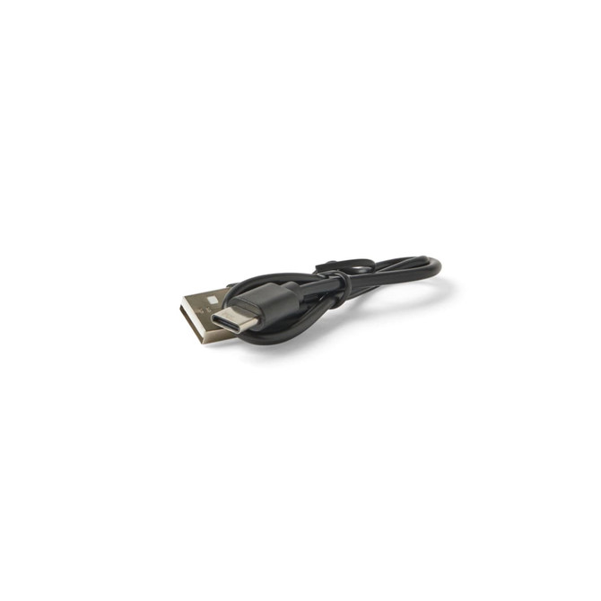 A black USB charging cable with a standard USB connector and a USB-C connector. It is coiled neatly.