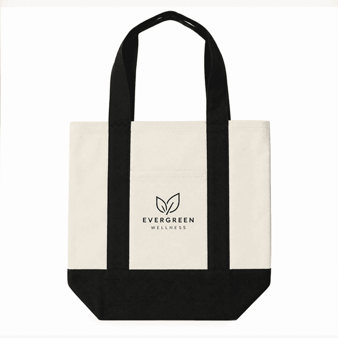 A mini canvas tote in cream and black with handles and a logo on the front.