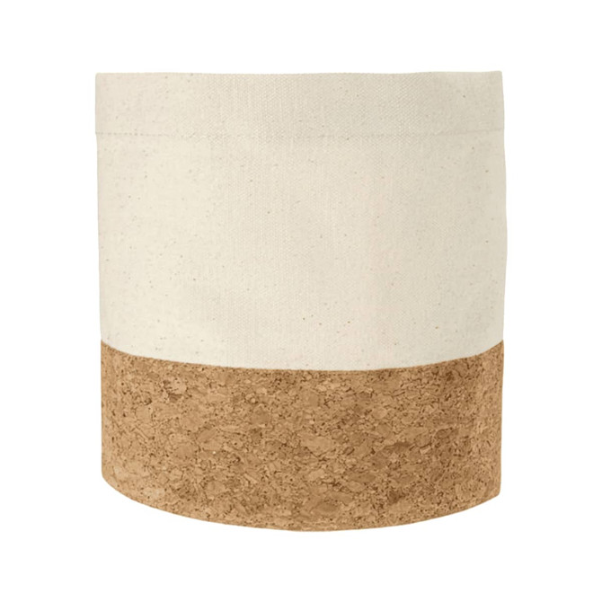 A Toma Bread Basket featuring a natural fabric top with a cork bottom in beige and light brown shades. It has a logo.