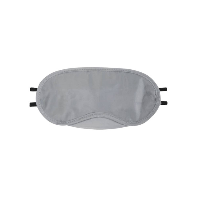 A grey eye mask with black straps, designed for travel comfort, featuring a branding logo.