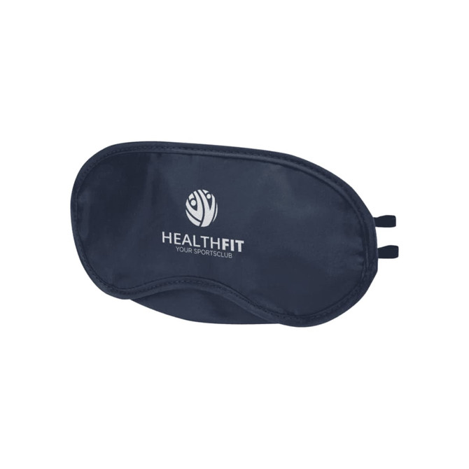 A navy eye mask with an elastic band and a logo featuring a circular design.