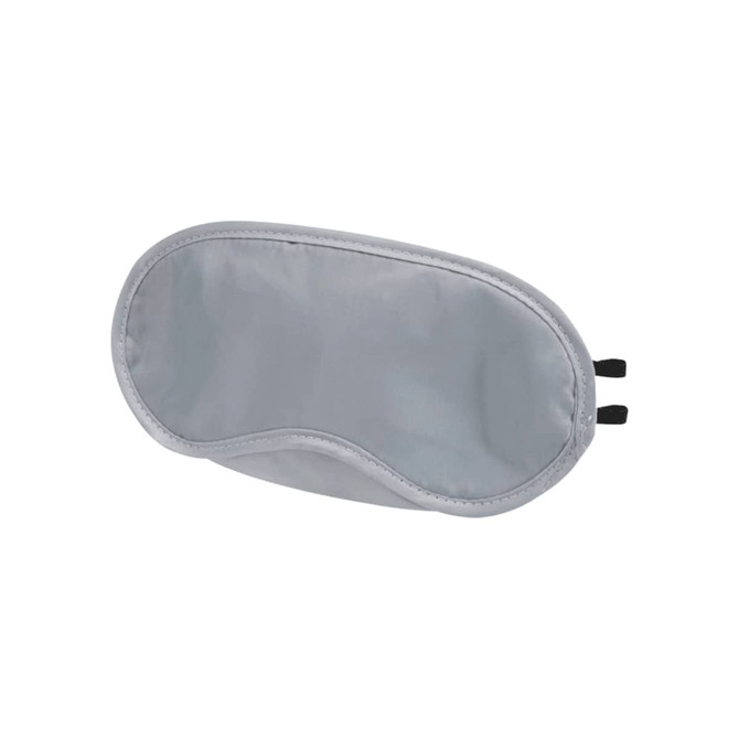 A grey eye mask with a smooth texture and adjustable straps, featuring a logo on the side.