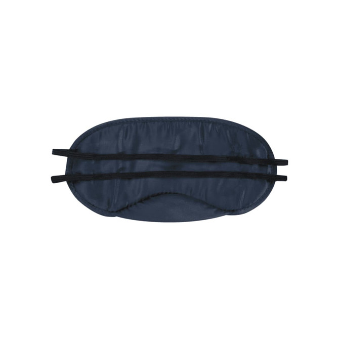 A dark navy eye mask featuring two black elastic straps for securing it in place. It has a smooth fabric texture and a logo.
