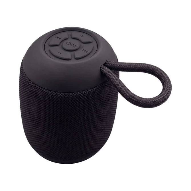 A black Bluetooth speaker with a textured finish and a handle, featuring control buttons on top.