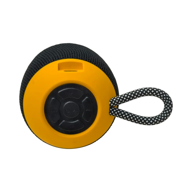 A round Bluetooth speaker in black and yellow, featuring a textured surface and a carry strap.