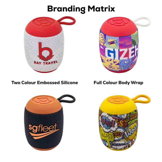 A collection of four Bluetooth speakers in various designs and colours, featuring silicone and fabric wraps. Each has a logo.