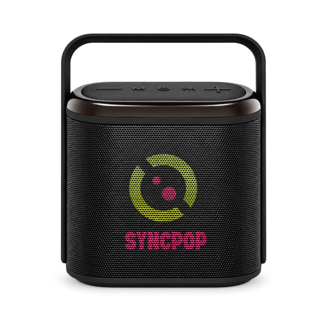 A compact black Bluetooth speaker with a handle and a colourful logo on the front.