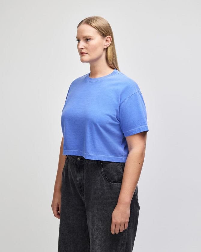 A blue cropped boxy T-shirt made of heavyweight cotton, featuring a relaxed fit and short sleeves.