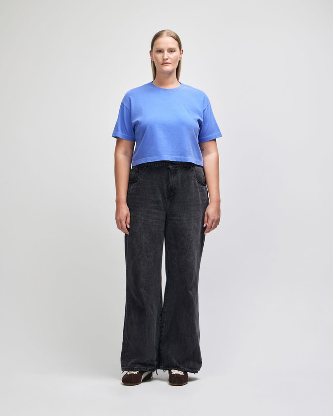 A blue crop boxy T-shirt worn with high-waisted blue jeans. The model stands against a plain background.