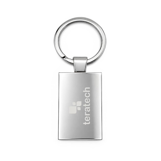 A silver frame keytag with a round keyring and a smooth rectangular surface. Features a logo on the front.