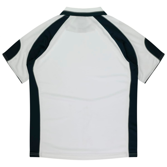 A polo shirt featuring a white base with black accents and a logo on the back.