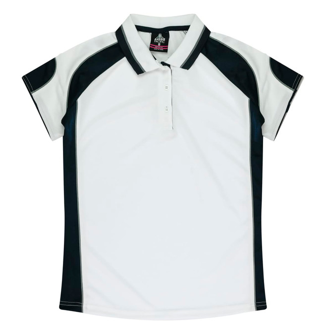 A white polo shirt with black accents and short sleeves, featuring a collar and buttons. It has a logo.