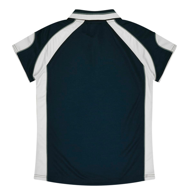 A dark green polo shirt with white accents, featuring a collar and short sleeves, and a small logo on the side.