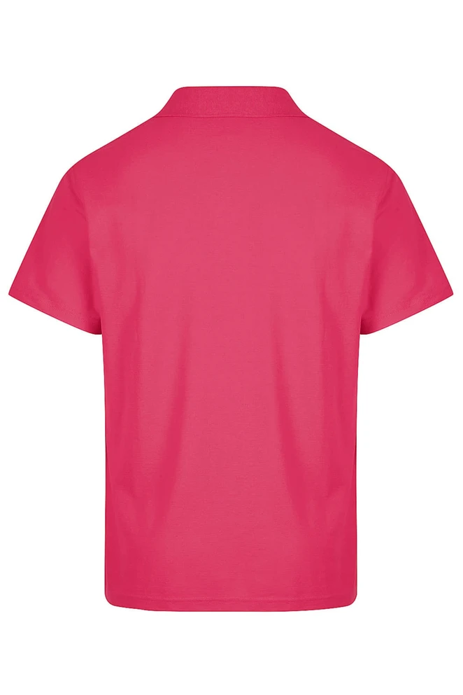 A pink polo shirt with a collar and a back view, featuring a logo.