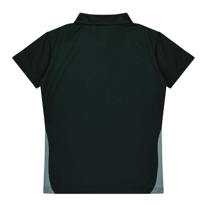 A dark green polo shirt with short sleeves and a grey side panel, featuring a collar and a logo.
