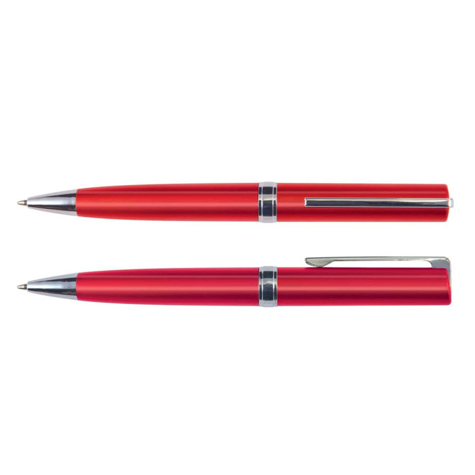 A set of two red metallic pens, each with silver accents and a sleek design.