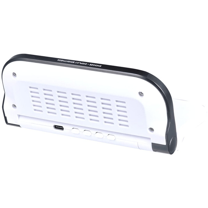 A wireless charger in white and black with a sleek design, featuring a logo and multiple buttons on the side.