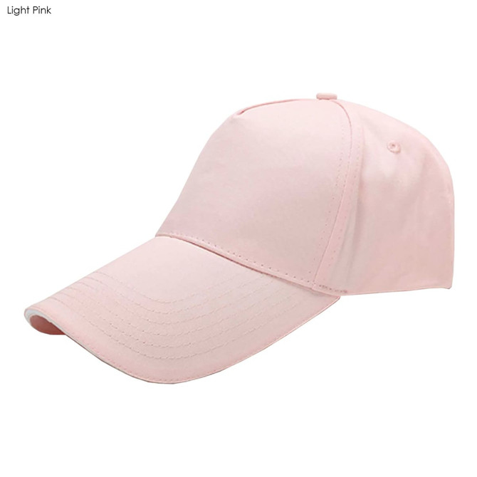 A light pink heavy cotton sandwich cap with a curved peak and a logo on the side.
