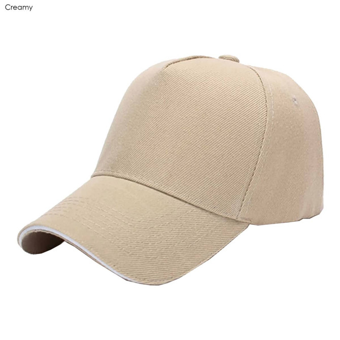 A creamy beige five-panel cap made of heavy cotton featuring a logo.