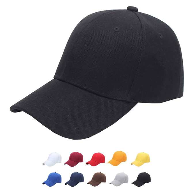 A black six-panel heavy cotton cap with a curved brim, featuring various colour options below.