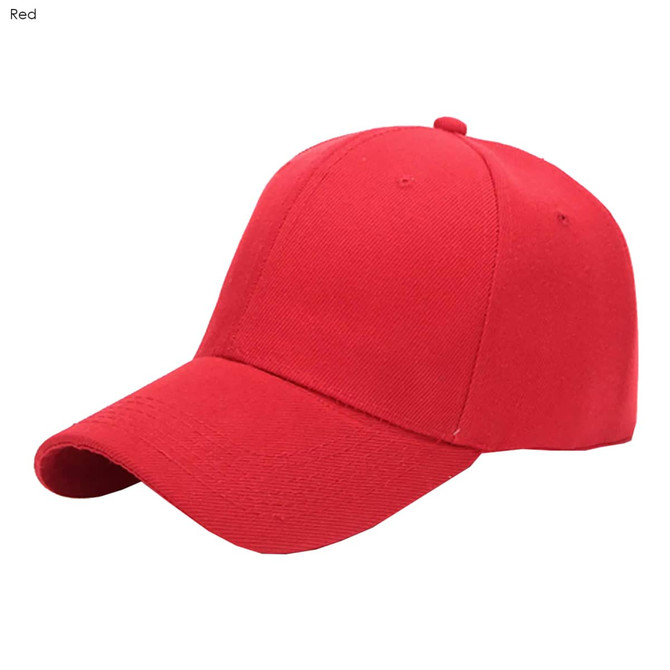 A red six-panel heavy cotton cap featuring a curved brim and a logo.
