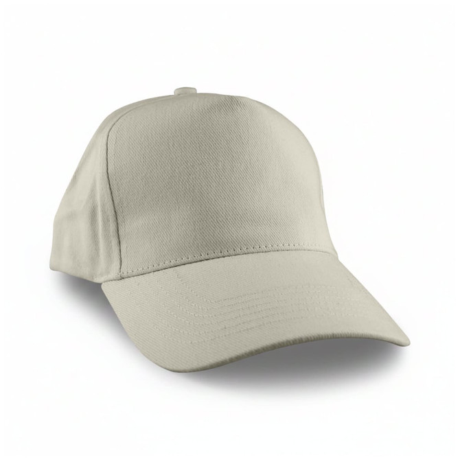 A light beige cap with a curved brim and adjustable strap at the back. The cap features a blank canvas for customisation.