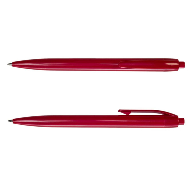 A red Javelin pen with a sleek design, featuring a clip and a pointed tip. Includes branding on the pen.